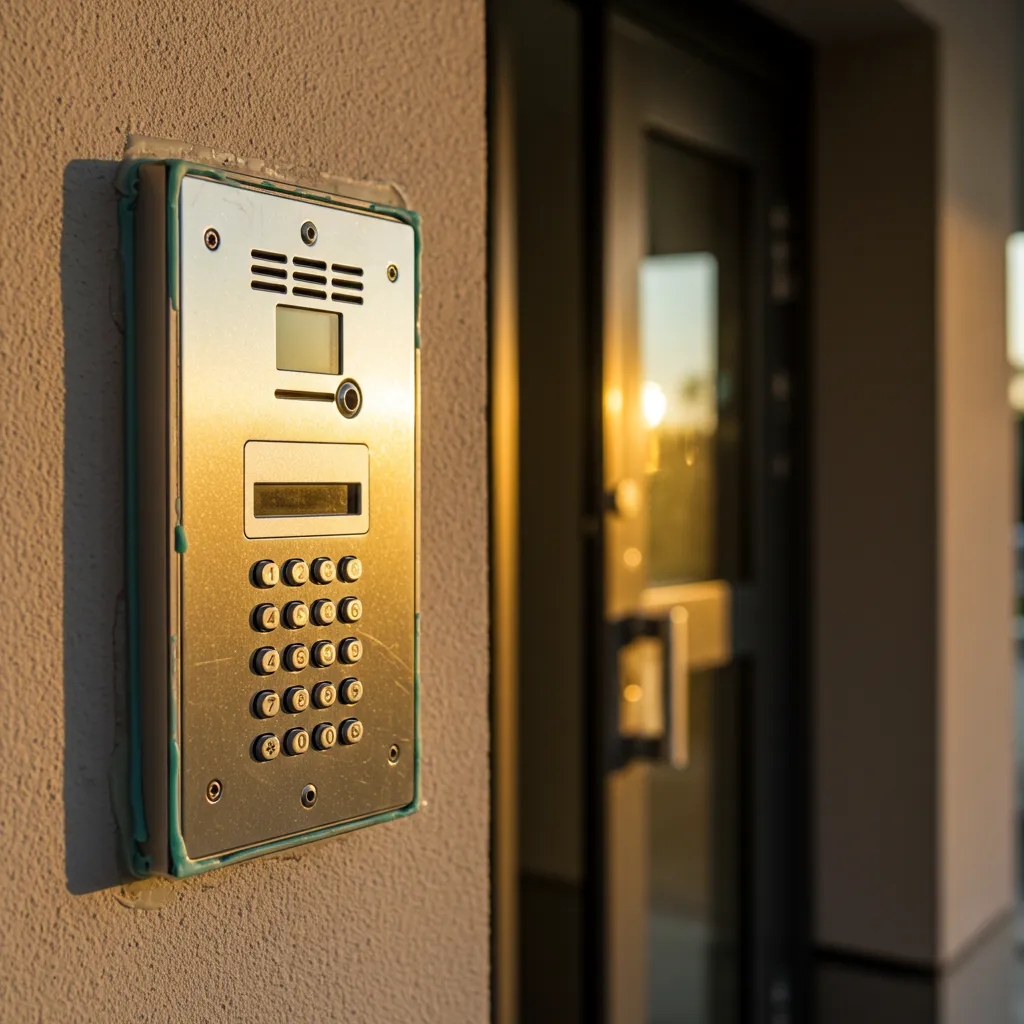Interphone moderne bien installé en entrée d'immeuble avec joint d'étanchéité neuf au coucher du soleil