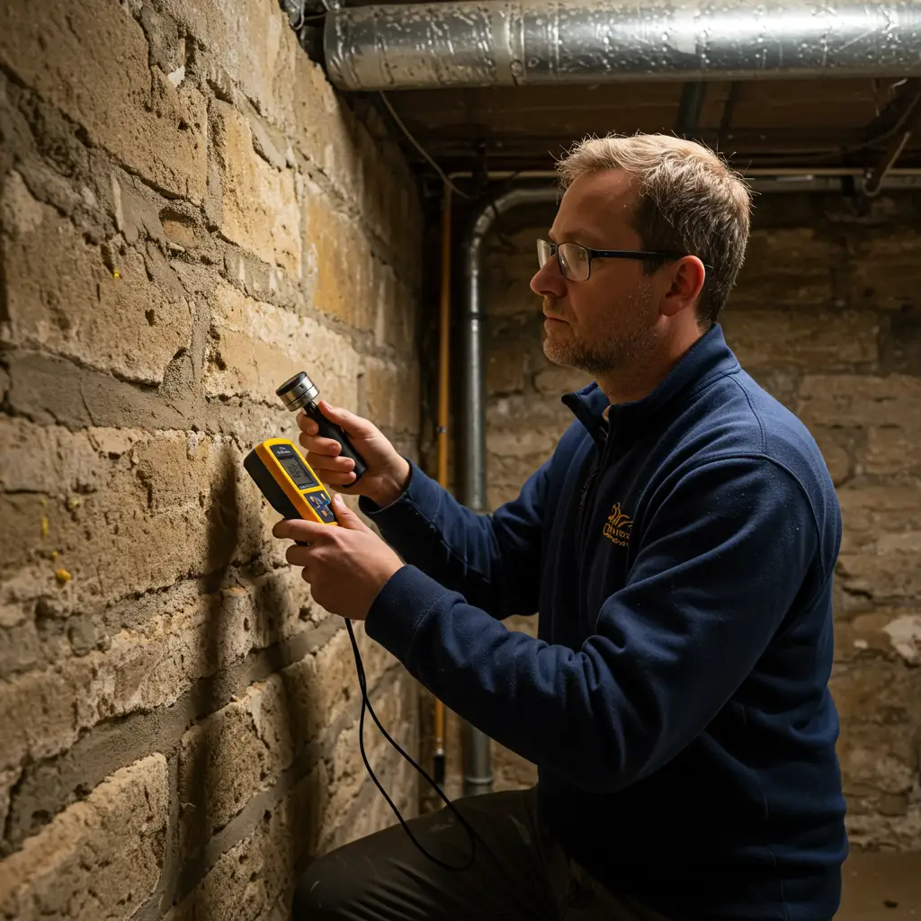 Diagnostiqueur professionnel mesurant le taux d'humidité d'un mur de cave avec un hygromètre