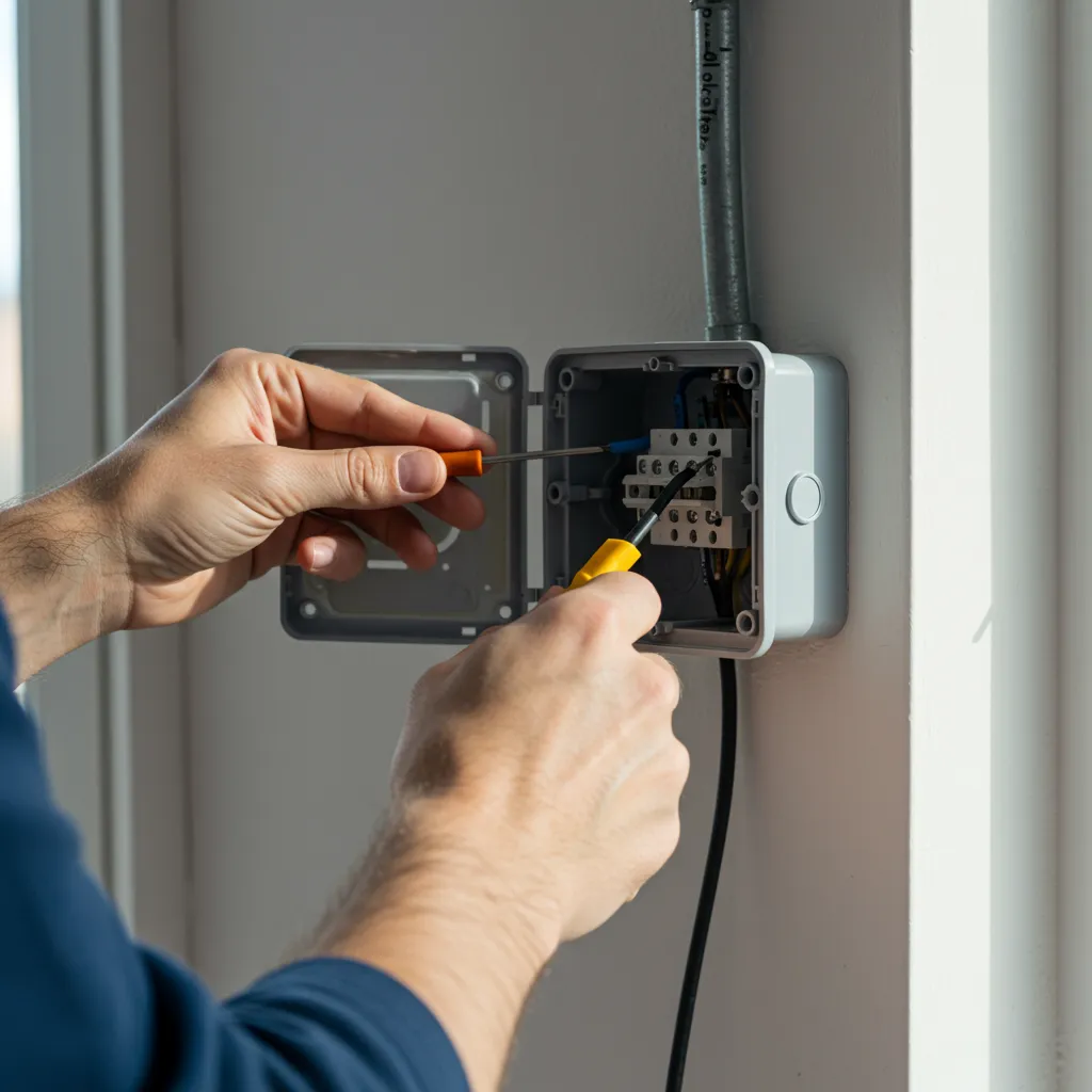 Électricien inspectant un boîtier de connexion électrique pour diagnostiquer un problème d'allumage intempestif