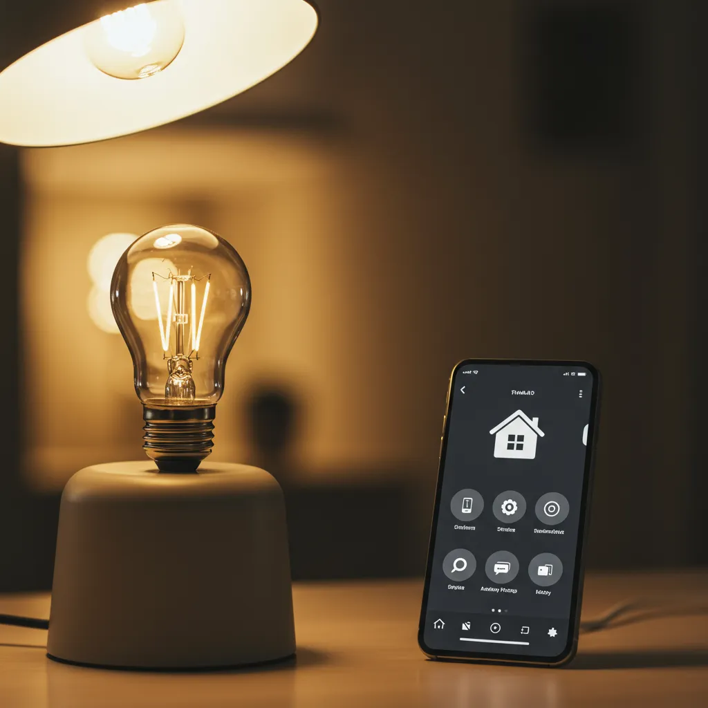 Ampoule connectée intelligente avec application domotique sur smartphone, illustrant la configuration des lampes connectées