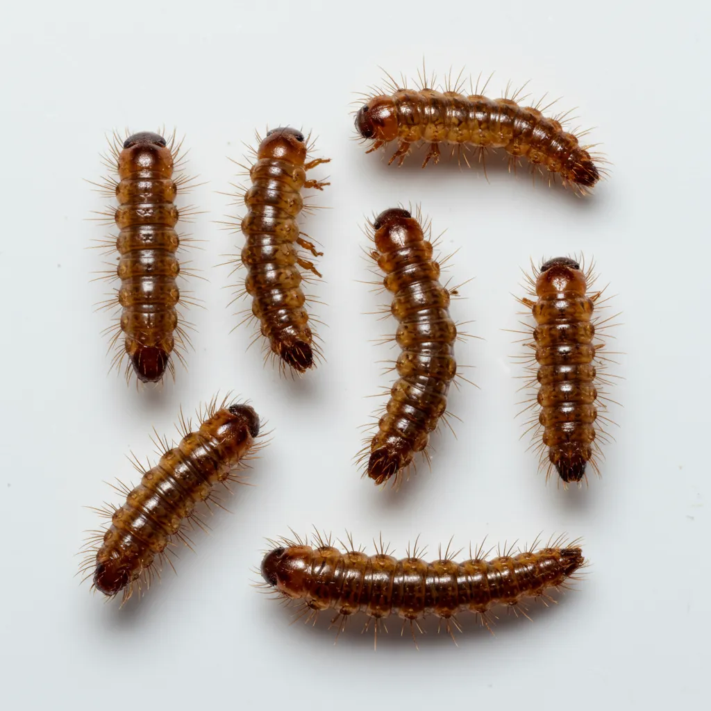 Vue comparative de plusieurs larves marron domestiques de différentes espèces photographiées en macro