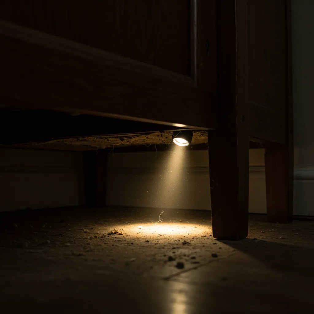 Inspection à la lampe torche sous un meuble lourd dans une zone sombre de la maison, zone à risque d'infestation larvaire