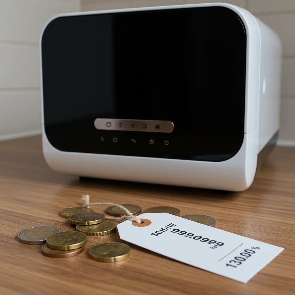 Petit lave-vaisselle compact dans une cuisine avec pièces de monnaie évoquant le budget et le rapport qualité-prix