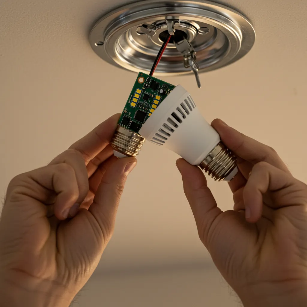 Remplacement d'une ampoule LED dans un luminaire de plafond, étape de diagnostic DIY pour résoudre une lumière qui s'allume seule