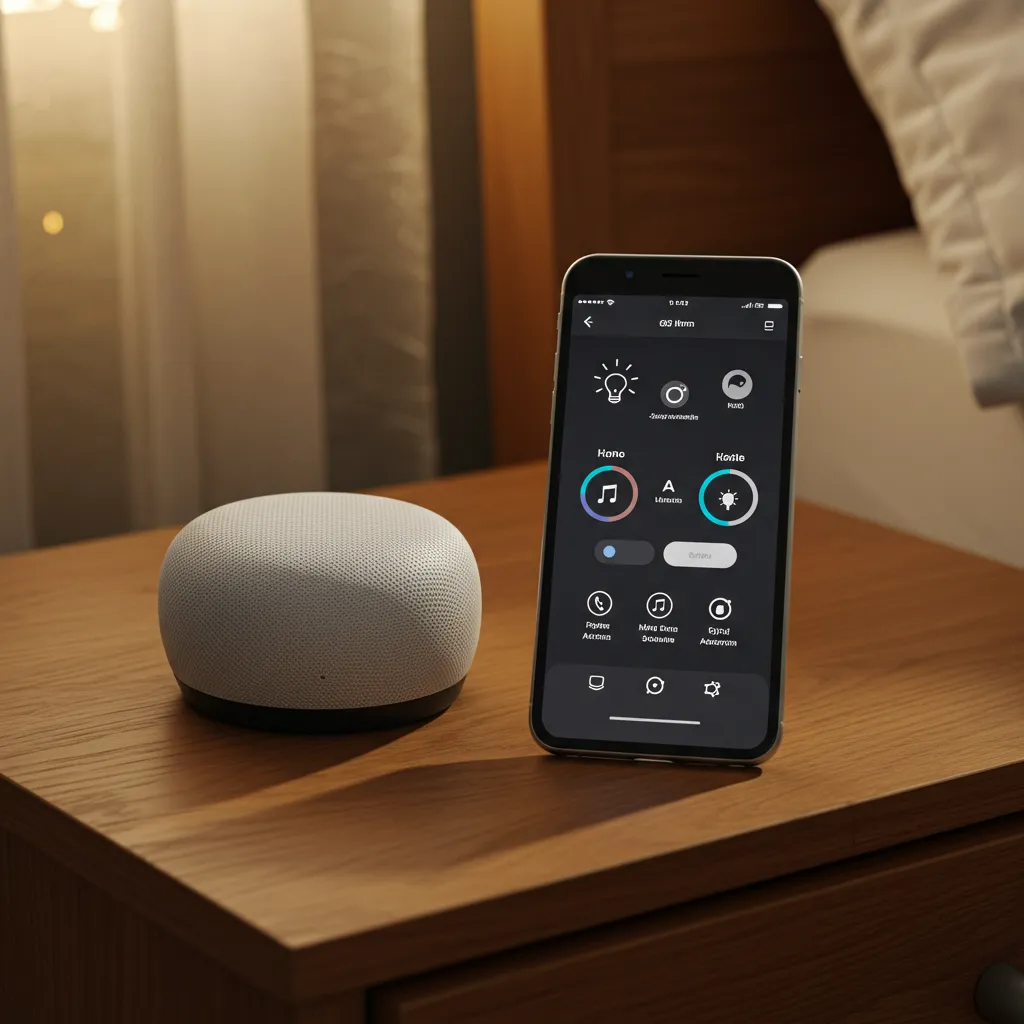 Système domotique connecté avec application de contrôle des lumières, illustrant les causes liées aux ampoules intelligentes qui s'allument seules