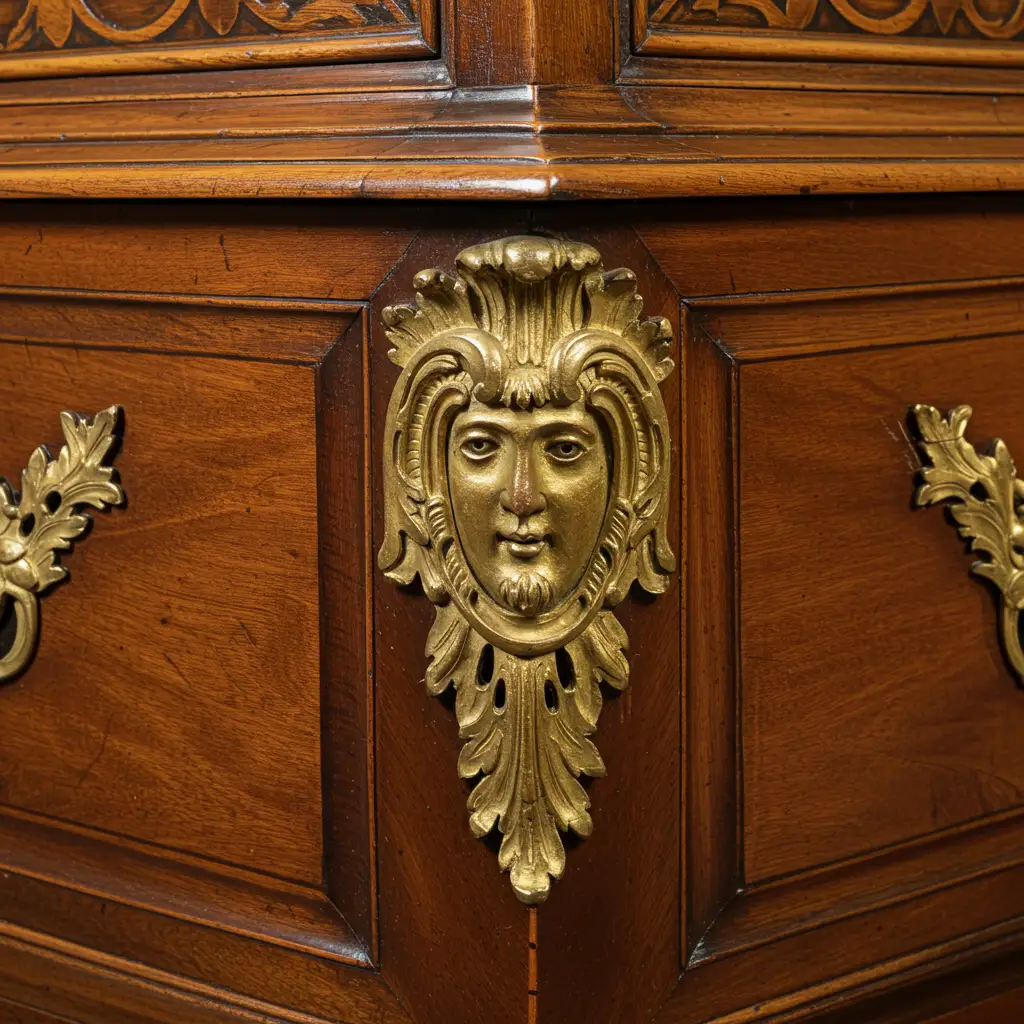 Détail de sculpture sur bois d'un meuble ancien de style baroque européen du XVIIIe siècle, illustrant le raffinement du mobilier impérial russe