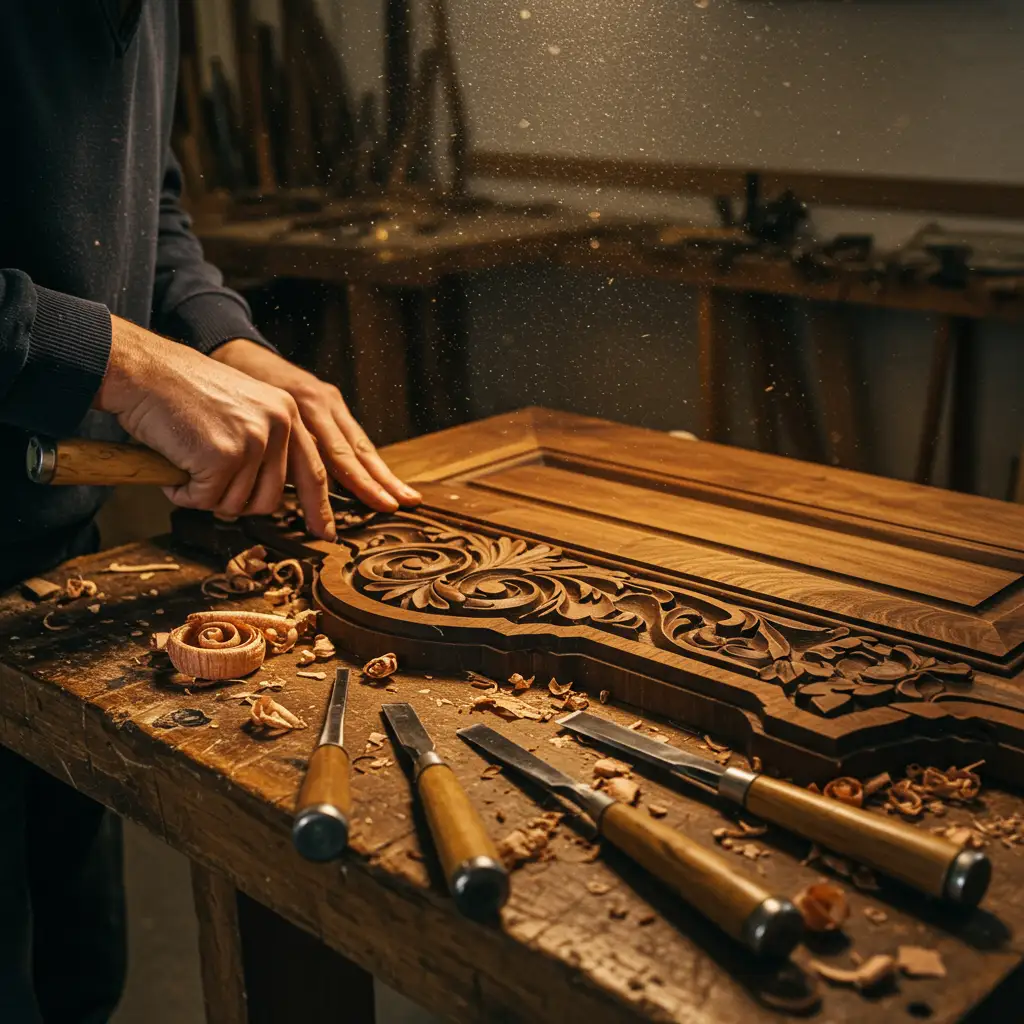 Atelier d'ébénisterie artisanale avec un maître sculpteur travaillant sur un panneau de bois sculpté ornemental, illustrant le travail de reconstitution des meubles historiques