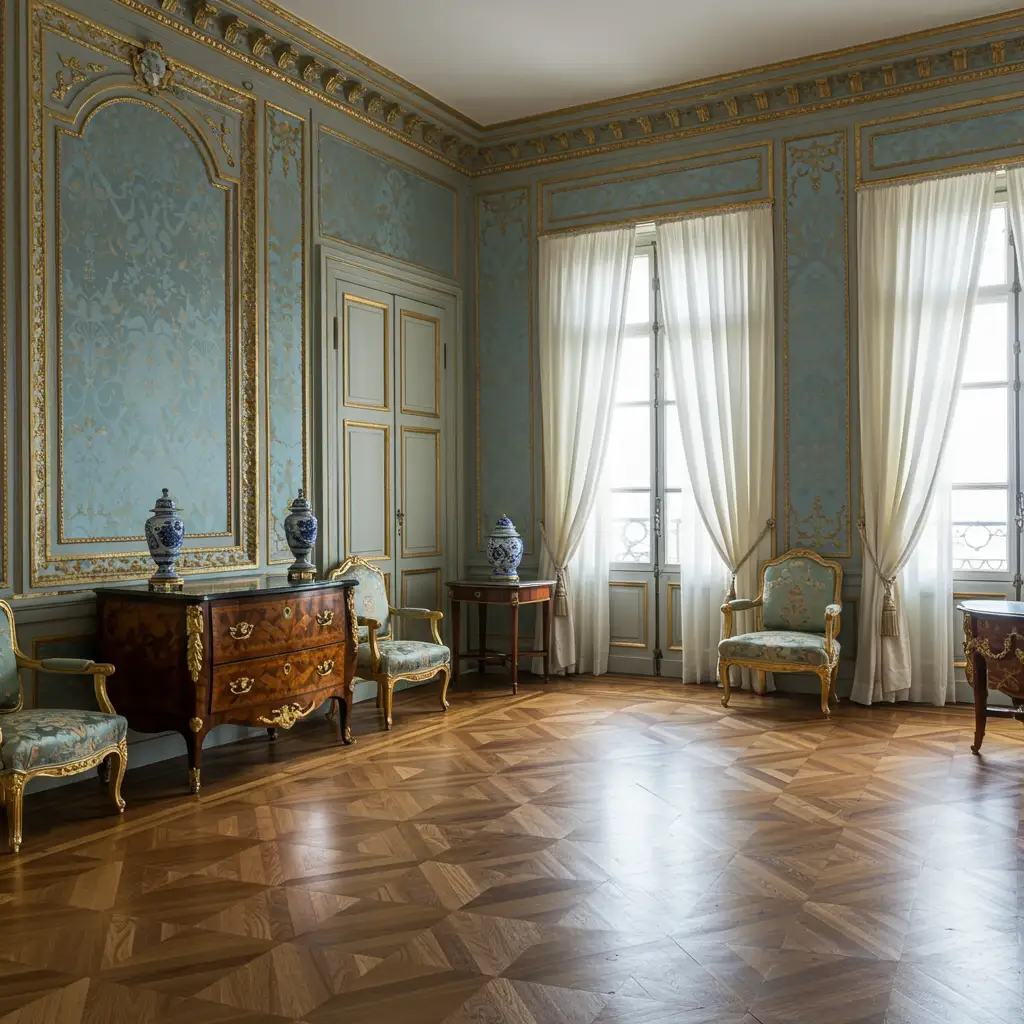 Salon néoclassique européen du XVIIIe siècle avec mobilier authentique en marqueterie et dorures, représentant le véritable héritage artistique du mobilier de Catherine la Grande