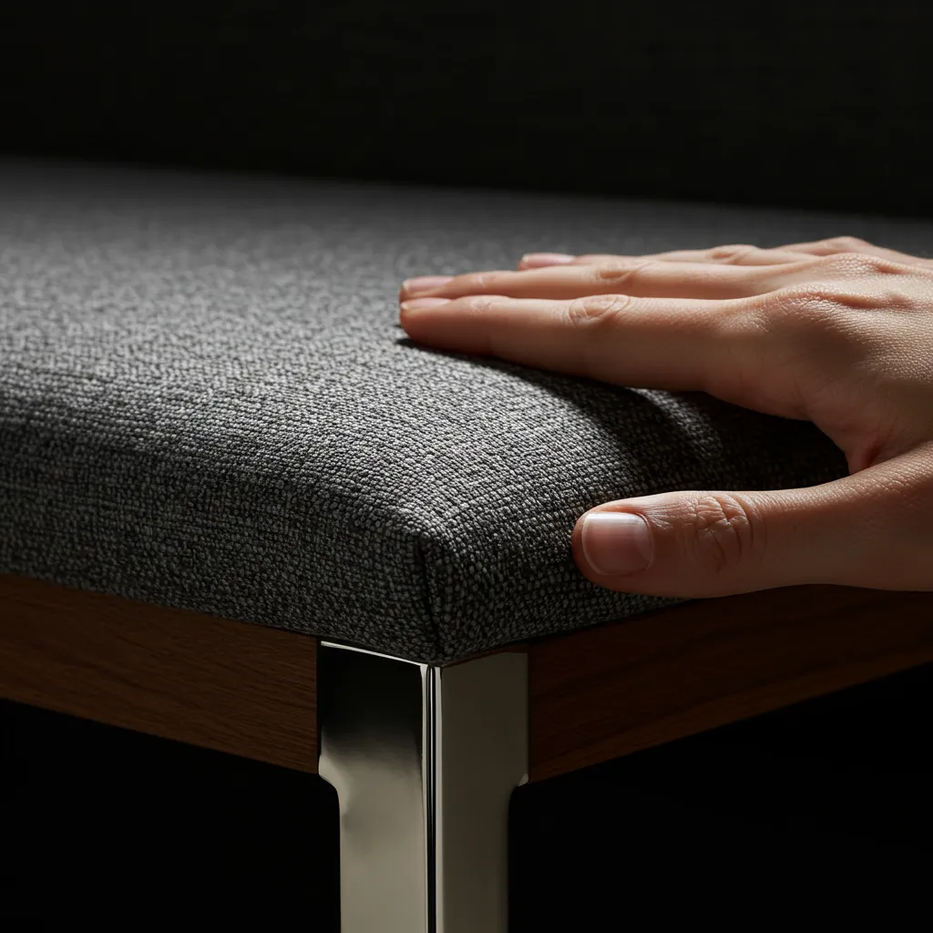 Gros plan sur les matériaux premium d'un meuble design : tissu, métal et bois de qualité supérieure