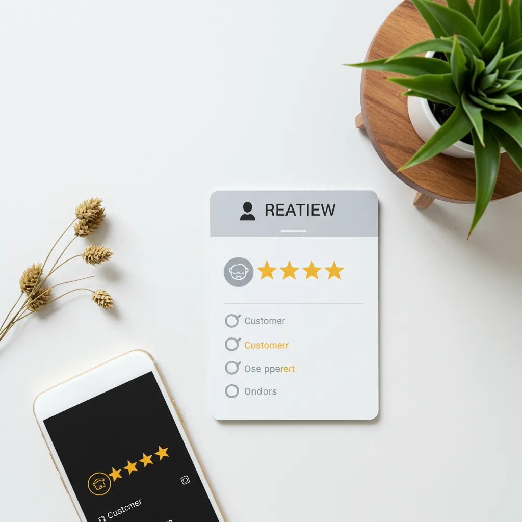 Avis clients en ligne affichés sur smartphone posé près d'un meuble design minimaliste