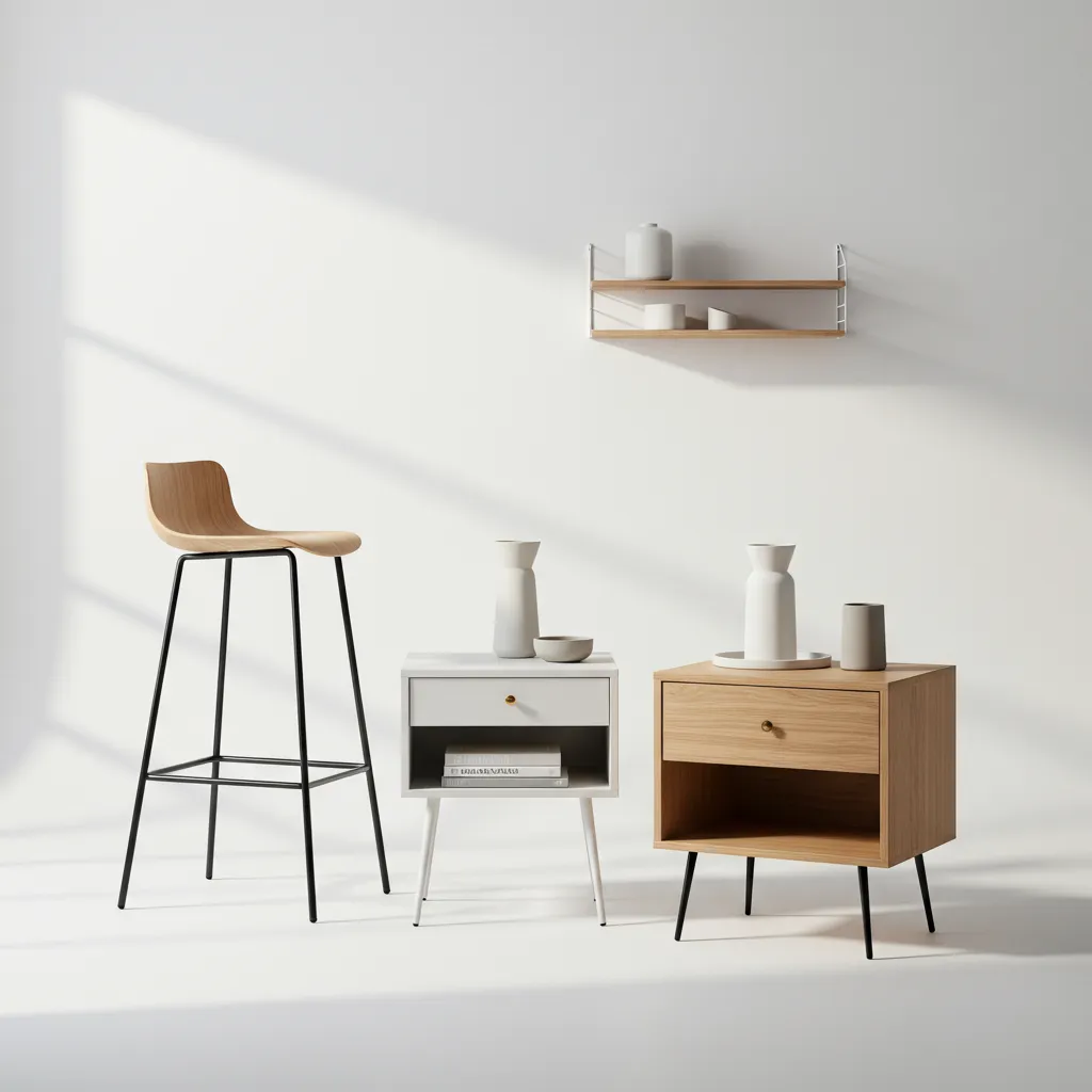 Sélection de petits meubles design tendance : tabouret de bar, table de chevet et étagère minimaliste
