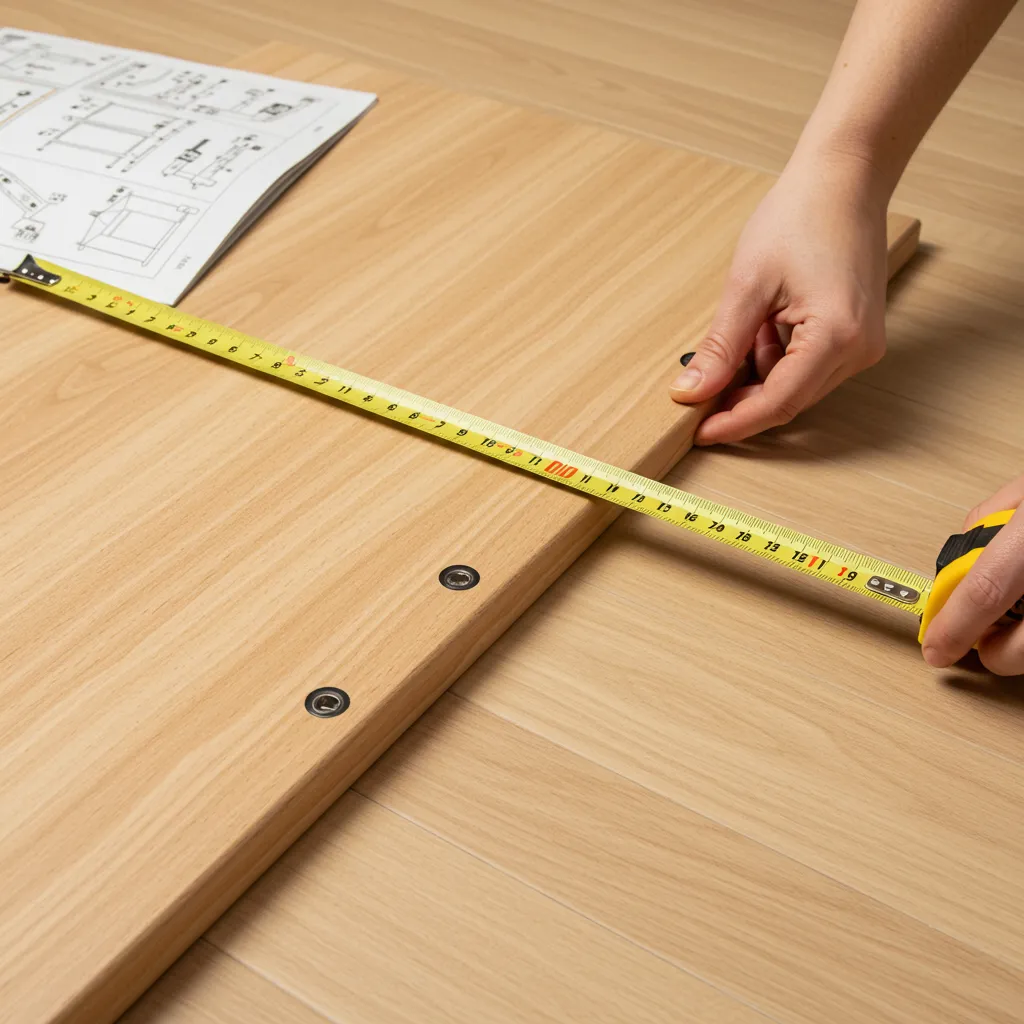 Vérification des dimensions d'un meuble en kit avec un mètre ruban avant assemblage