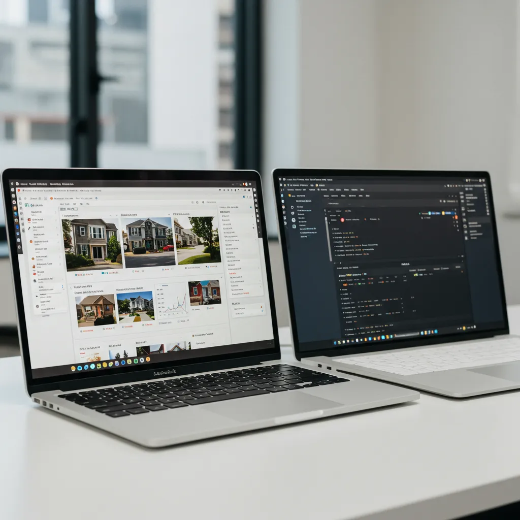 Deux écrans d'ordinateur côte à côte représentant la distinction entre une agence immobilière et un logiciel SaaS de gestion immobilière
