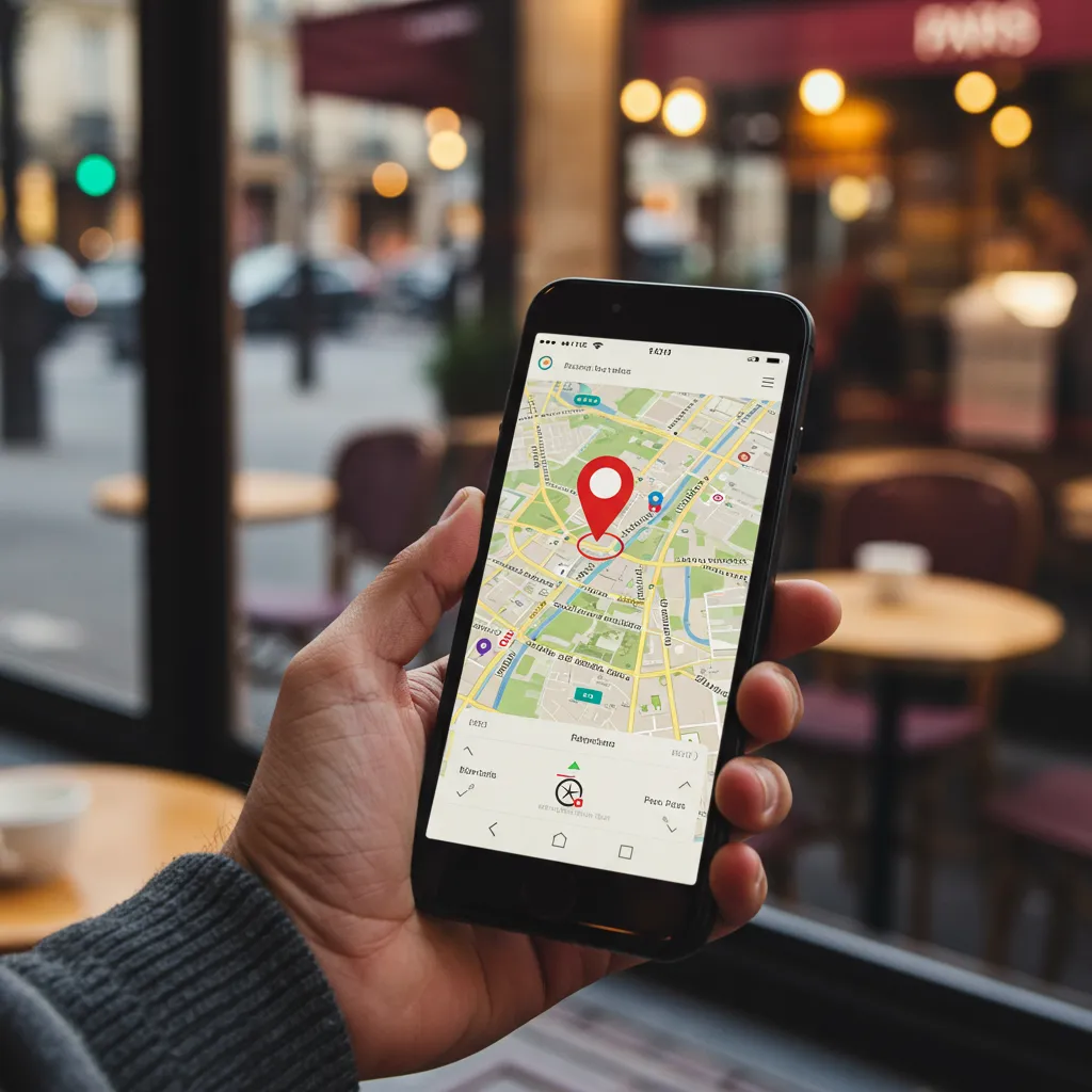 Main tenant un smartphone avec une carte de Paris pour localiser et contacter une agence immobilière, illustrant la vérification d'une adresse professionnelle