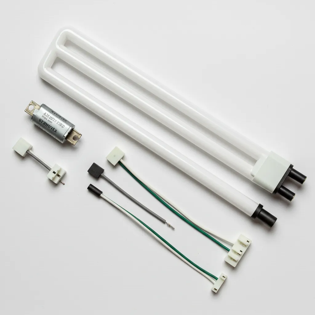 Composants d'un néon fluorescent : starter cylindrique, tube avec extrémités noircies et connecteurs électriques