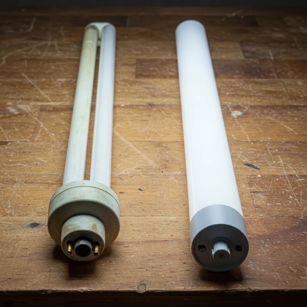 Comparaison côte à côte d'un tube fluorescent usagé et d'un tube LED moderne sur un établi