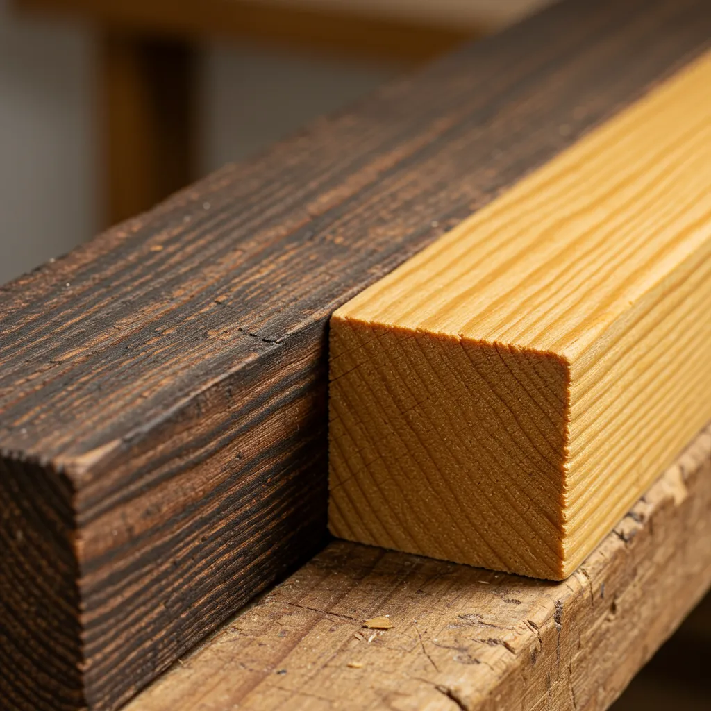 Comparaison de deux essences de bois réagissant différemment au nettoyage alcalin : pin clair et chêne tannique noirci
