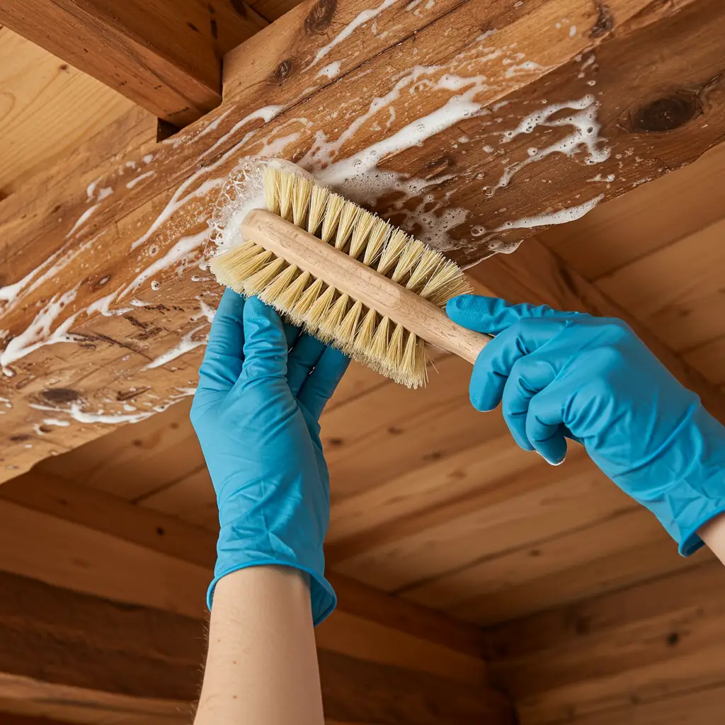 Application de la lessive Saint-Marc sur une poutre en bois dans le sens des fibres avec une brosse à poils souples