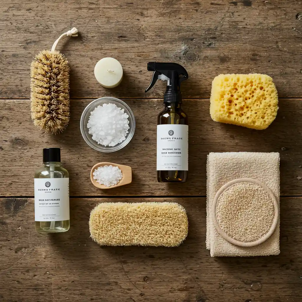 Comparaison de produits naturels pour nettoyer les poutres en bois : cristaux de soude, vinaigre blanc et éponge végétale