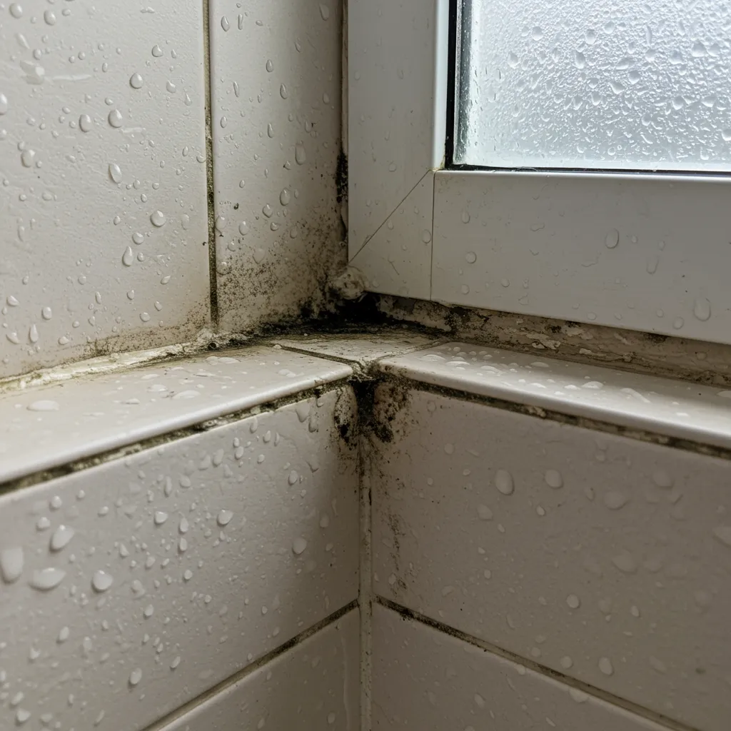 Moisissures et joints détériorés dans une salle de bain ancienne, source fréquente d'odeur de vieux