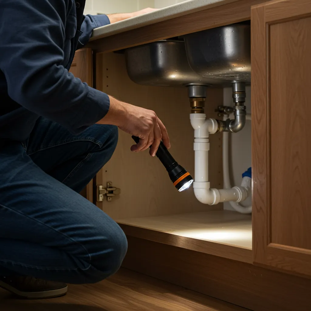 Inspection DIY sous l'évier de cuisine pour diagnostiquer la source d'une odeur de vieux