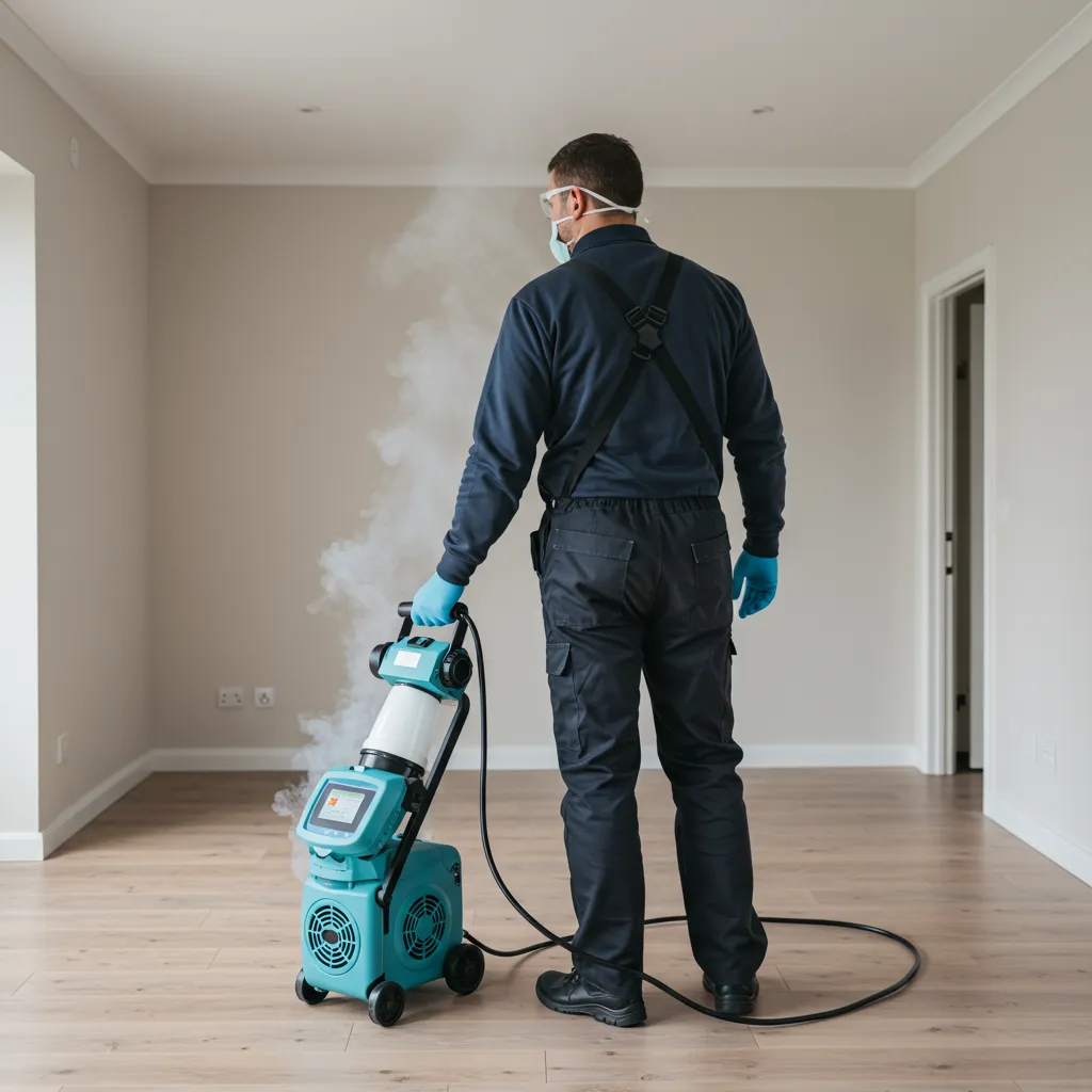 Technicien spécialisé utilisant un générateur d'ozone pour le traitement professionnel des odeurs dans une maison