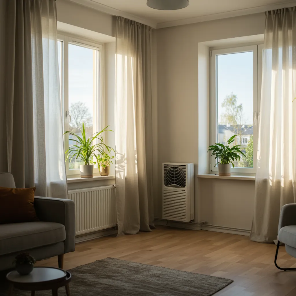 Pièce de vie bien ventilée avec fenêtres ouvertes et plantes vertes, illustrant les bons réflexes pour prévenir l'odeur de vieux