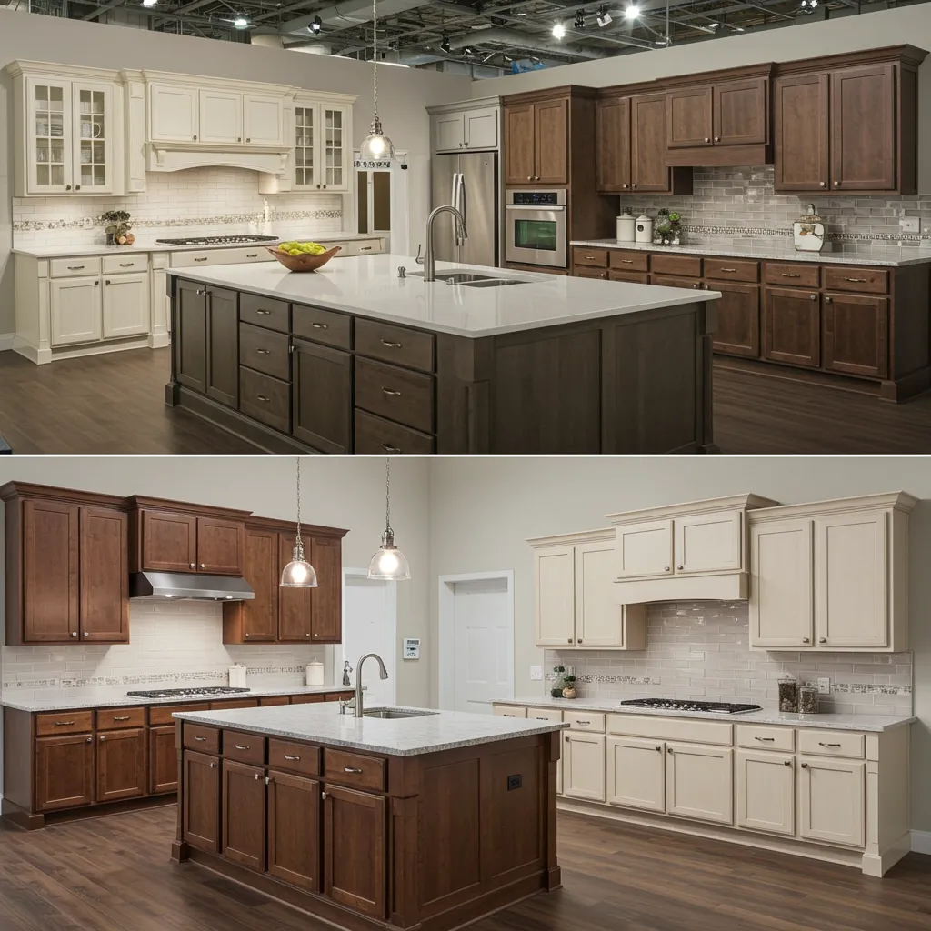 Comparaison de différents styles de cuisines en showroom, représentant les alternatives aux cuisinistes en ligne