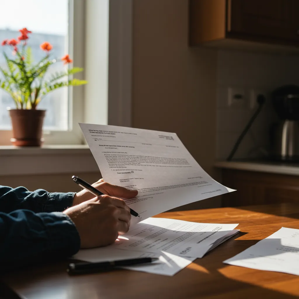 Personne lisant attentivement un contrat avant un achat de cuisine, illustrant les bonnes pratiques pour sécuriser un achat