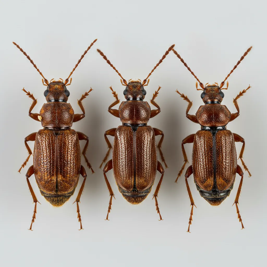 Gros plan de quatre petits insectes marrons de cuisine — vrillette, tribolium, charançon et coléoptère du Surinam — photographiés côte à côte sur fond blanc