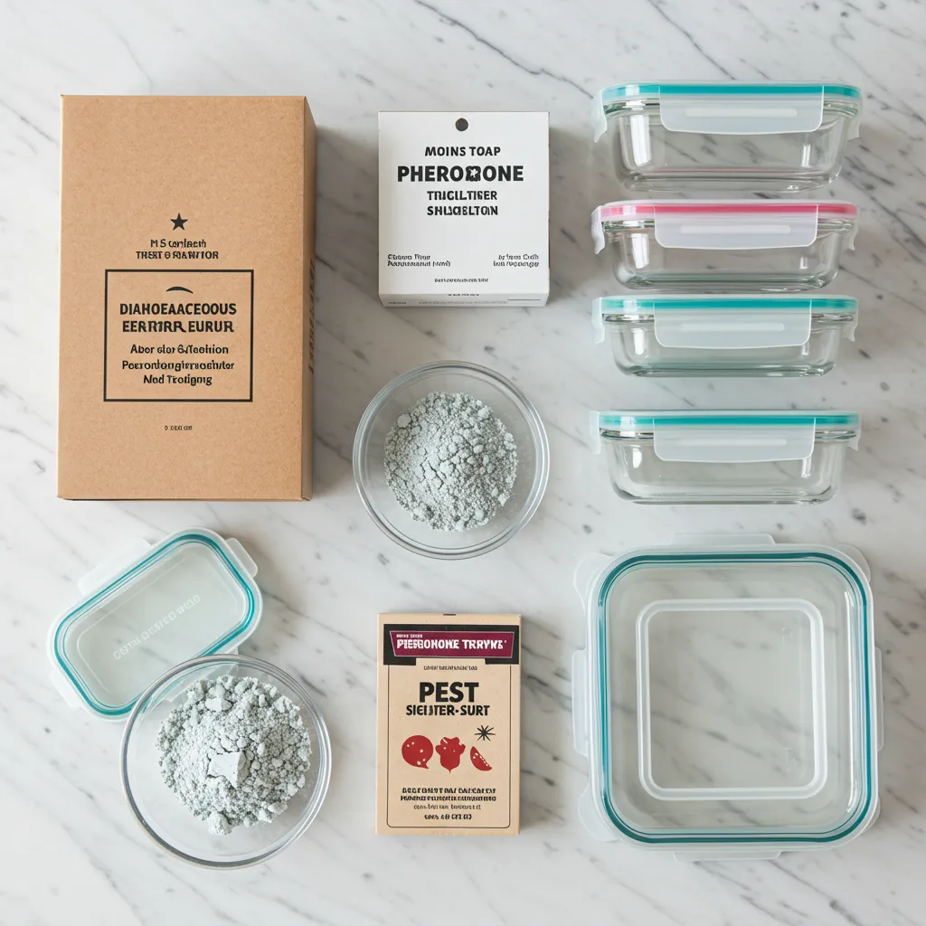 Vue de dessus d'un plan de travail de cuisine avec de la terre de diatomée, un piège à phéromones et des boîtes hermétiques en verre pour éliminer les insectes de garde-manger