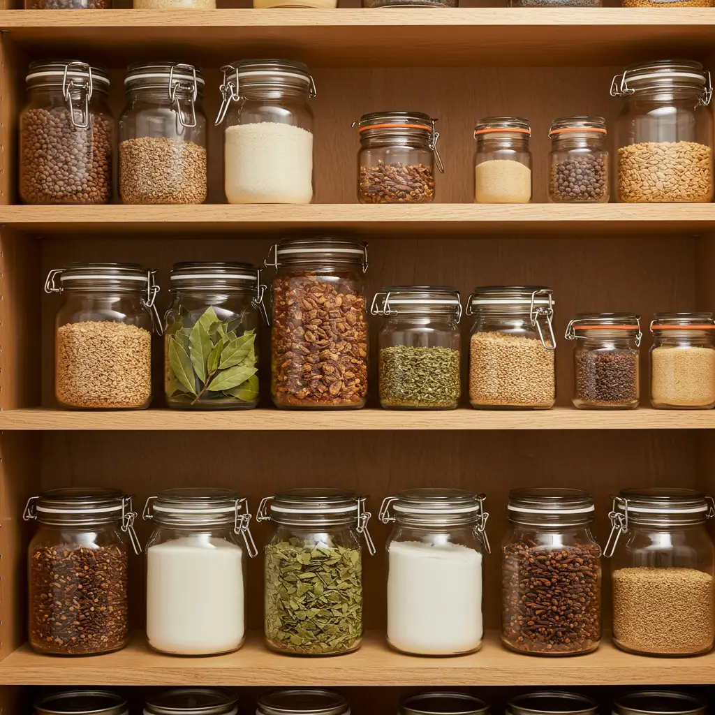 Garde-manger de cuisine parfaitement organisé avec toutes les denrées sèches rangées dans des contenants hermétiques en verre pour prévenir les infestations d'insectes