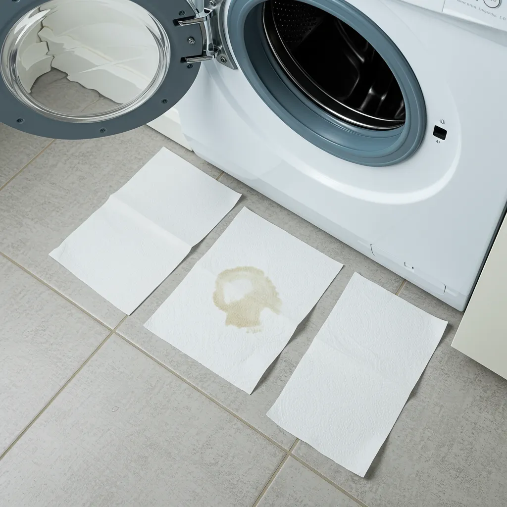 Papier absorbant placé sous une machine à laver pour localiser l'origine d'une fuite