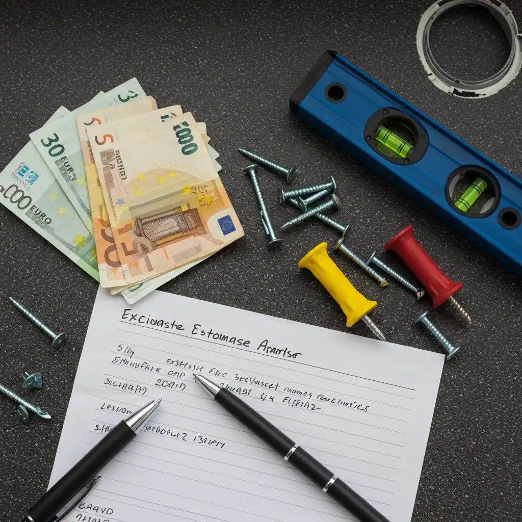 Vue de dessus d'un devis de pose de cuisine avec des billets en euros et des outils de menuisier