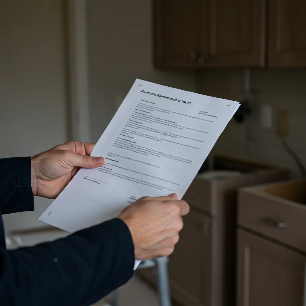 Mains tenant un document officiel devant un chantier de cuisine symbolisant les risques juridiques du travail au noir