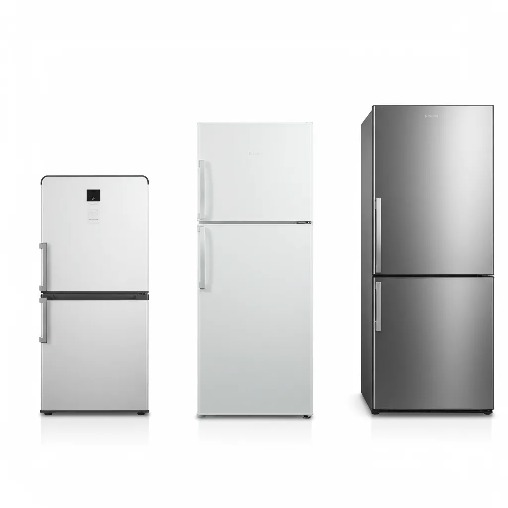 Comparaison visuelle de trois types de réfrigérateurs : mini-frigo, combiné standard et américain côte à côte