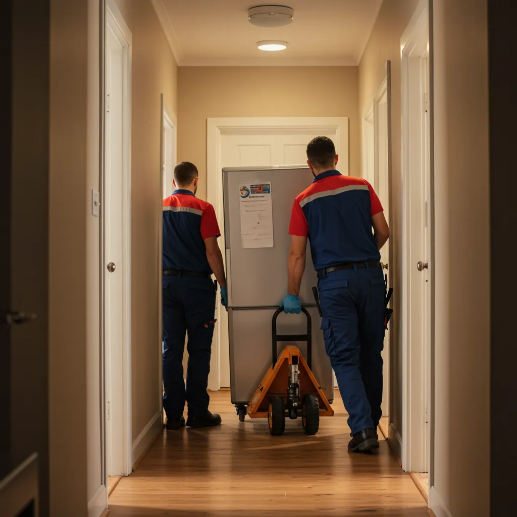 Deux déménageurs manœuvrant un réfrigérateur lourd dans un couloir d'appartement étroit avec un diable