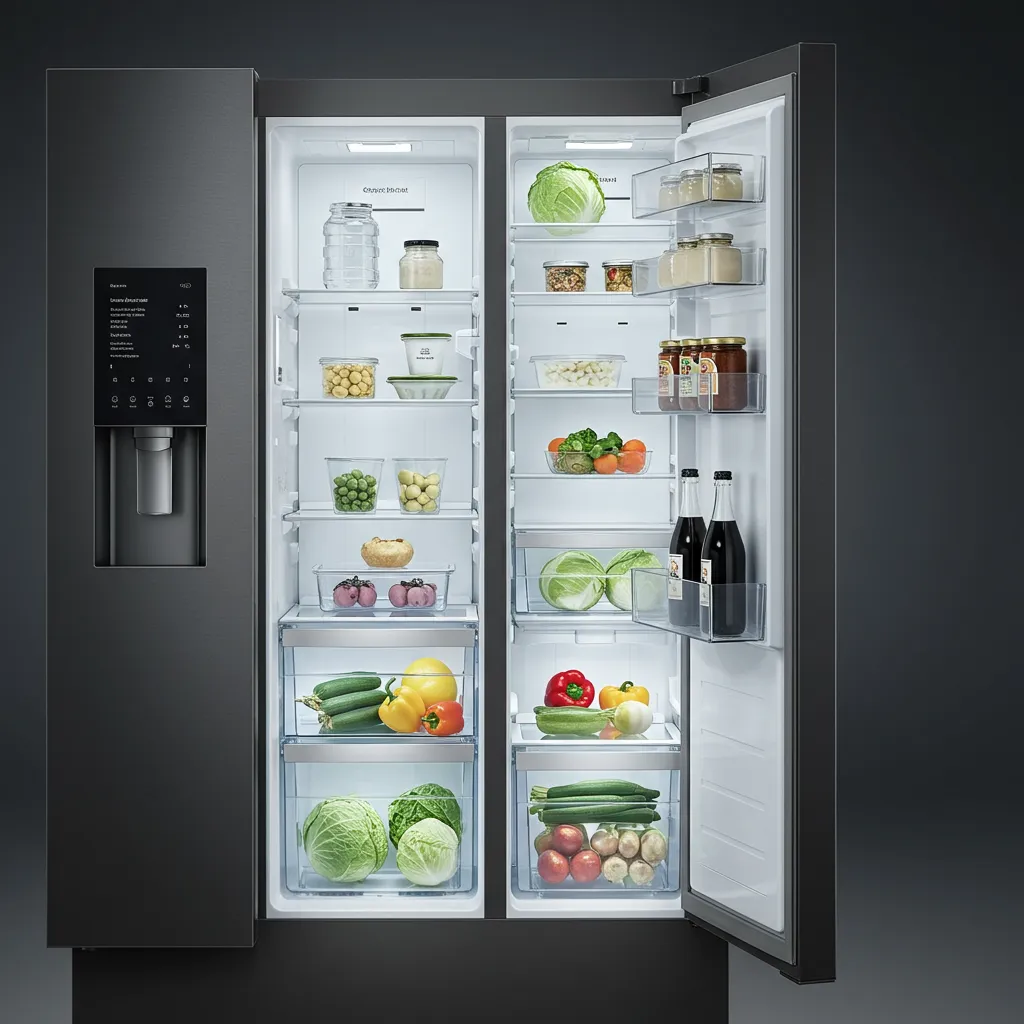 Intérieur d'un réfrigérateur haut de gamme avec compartiments multi-zones, clayettes en verre et distributeur d'eau intégré