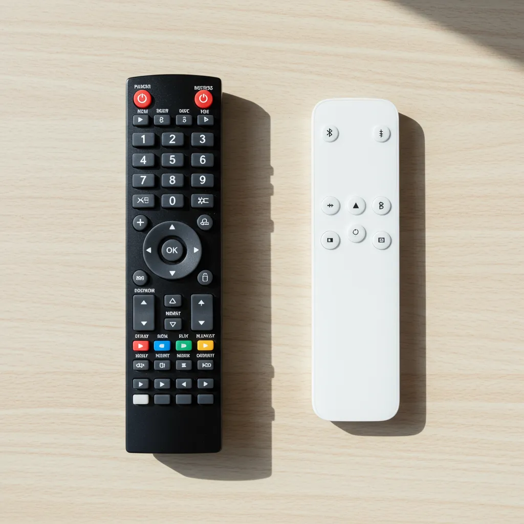 Comparaison côte à côte d'une télécommande Samsung classique infrarouge avec touches numériques et d'une Smart Remote Bluetooth minimaliste