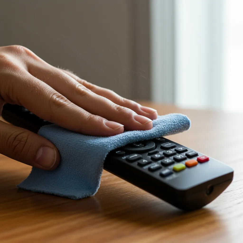 Entretien d'une télécommande Samsung avec un chiffon microfibre pour prévenir les pannes et prolonger sa durée de vie