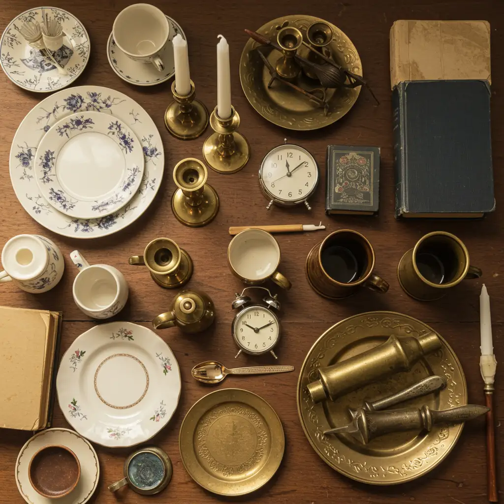 Vue de dessus d'une collection d'objets chinés typiques d'un vide-grenier : vaisselle ancienne, bougeoirs, livres et bibelots vintage