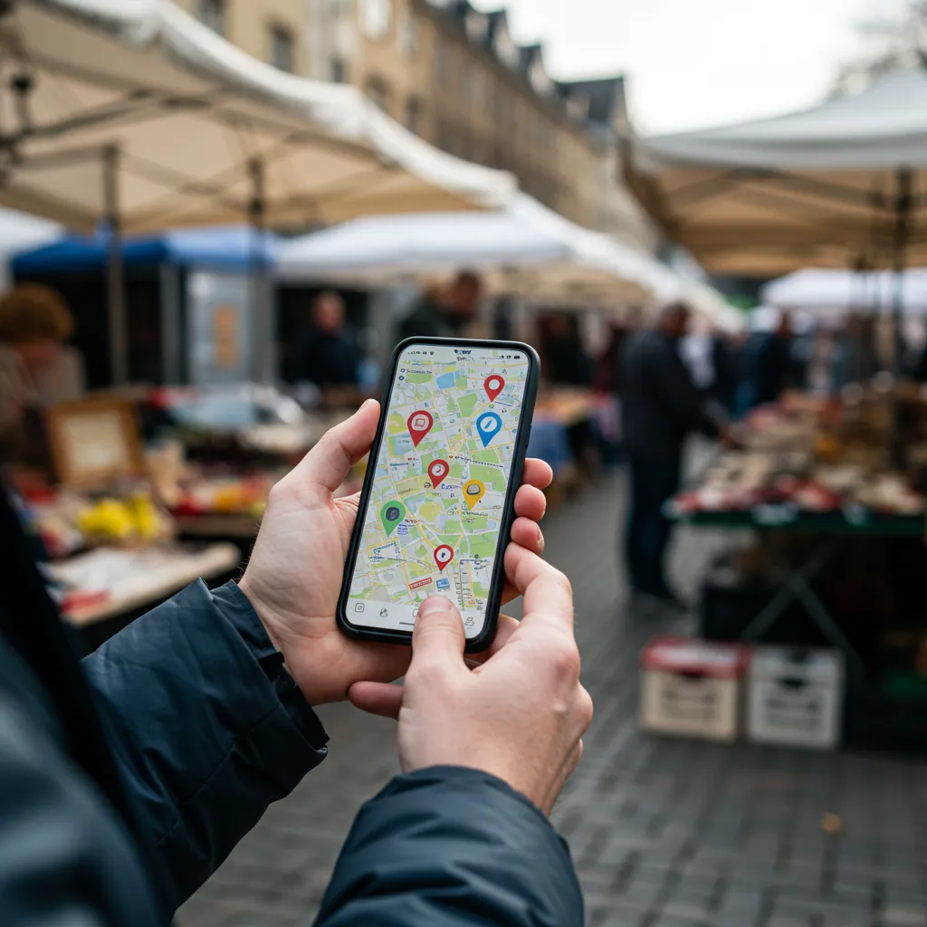 Une personne consulte une carte géolocalisée sur son smartphone pour trouver un vide-grenier ou une braderie à proximité
