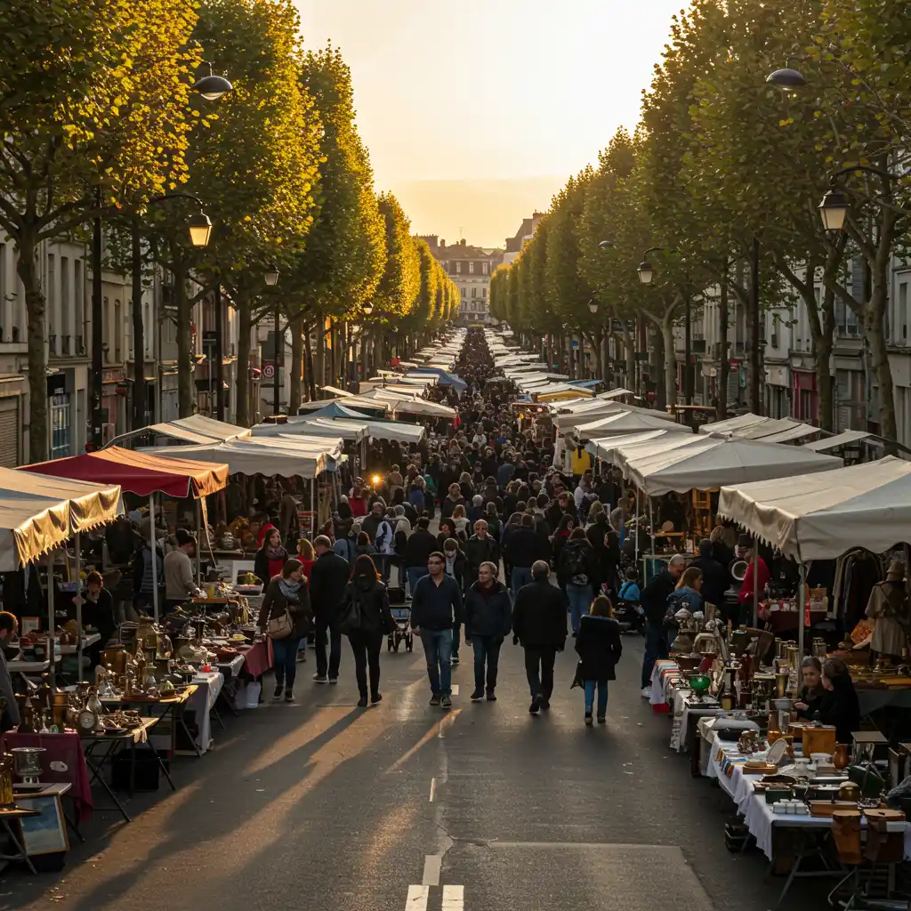 Grande braderie française emblématique vue en plan large, avec des centaines d'étals alignés le long d'une avenue animée