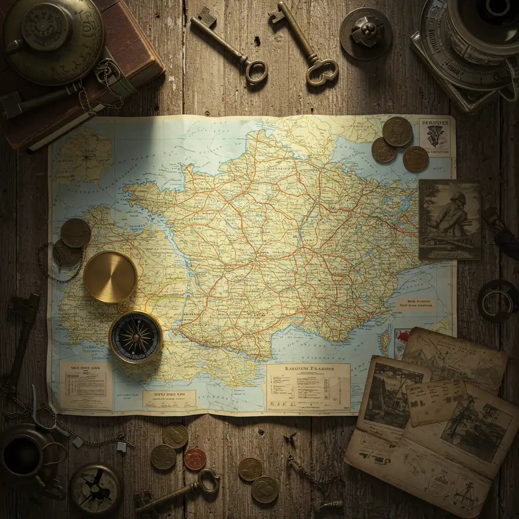 Vue de dessus d'une carte de la région Nord-Pas-de-Calais avec des objets de brocante évoquant la planification de sorties chinage par secteur géographique
