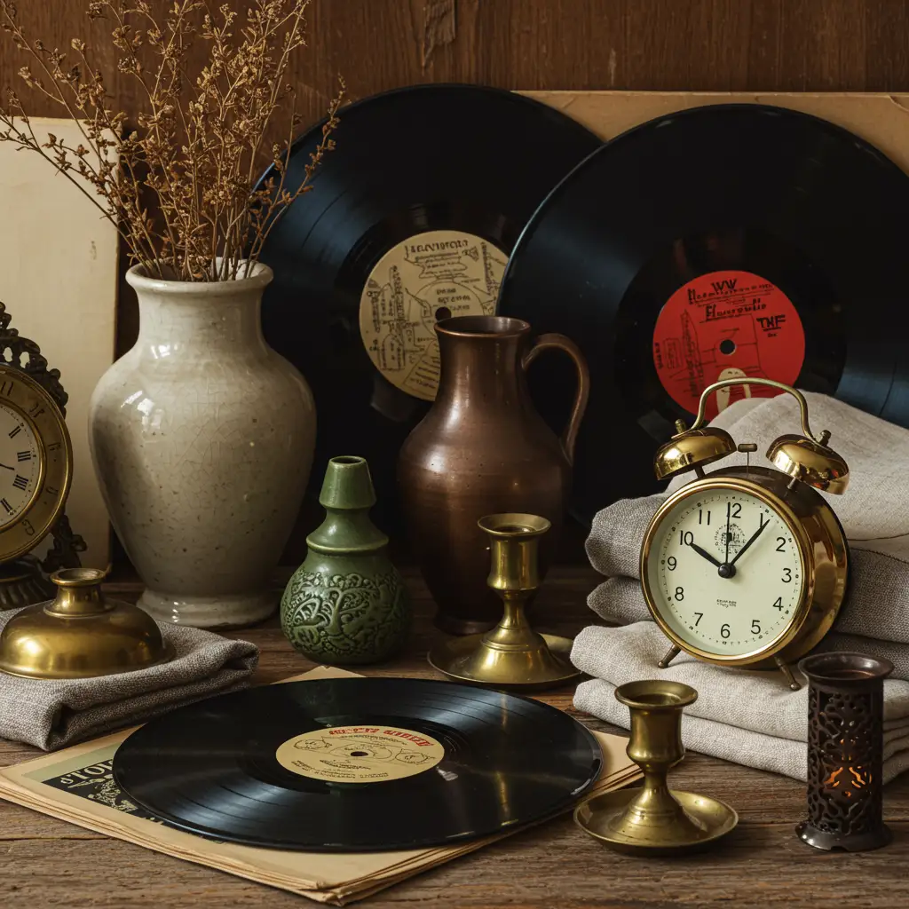 Gros plan sur une sélection d'objets chinés typiques d'une brocante : vaisselle ancienne, vinyles, bibelots et objets vintage disposés sur une table en bois