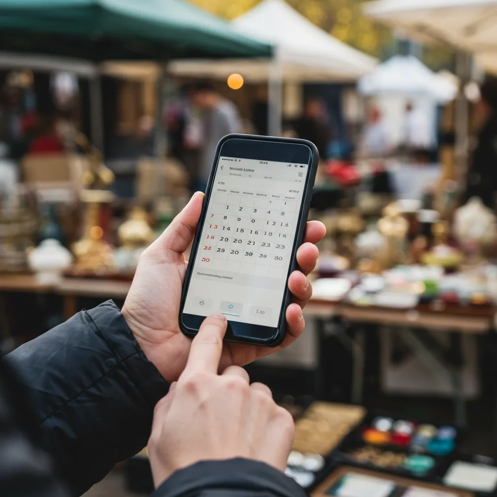 Mains tenant un smartphone pour consulter un agenda de brocantes en ligne, avec des étals de marché aux puces floutés en arrière-plan
