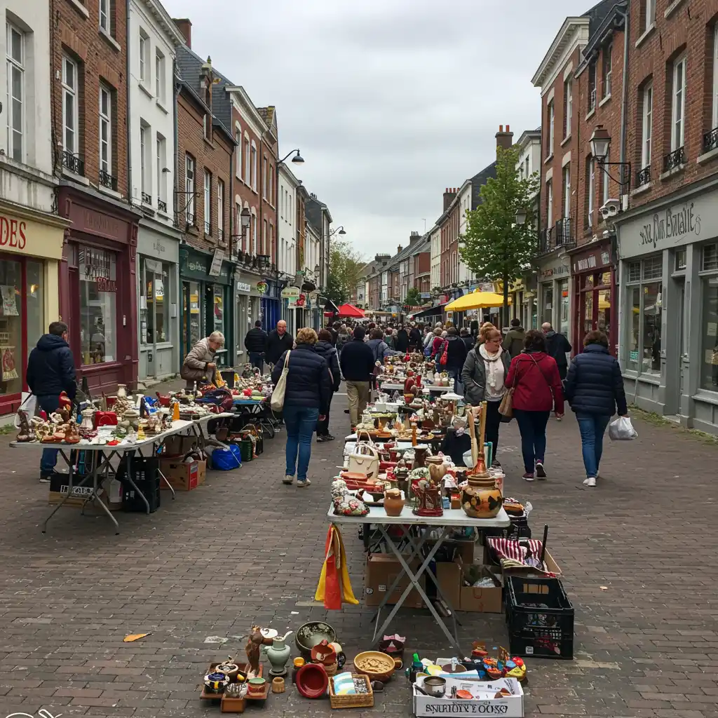 Ambiance d'une braderie dominicale animée dans une rue du Nord, avec des exposants et des chineurs parcourant les étals de seconde main