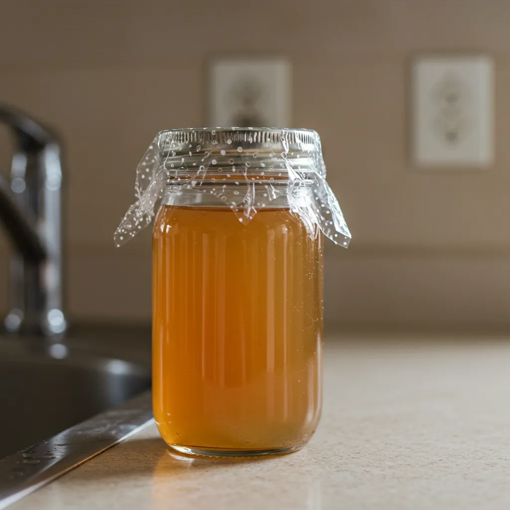 Piège artisanal au vinaigre de cidre recouvert d'un film plastique percé, posé près de l'évier de cuisine pour capturer les moucherons