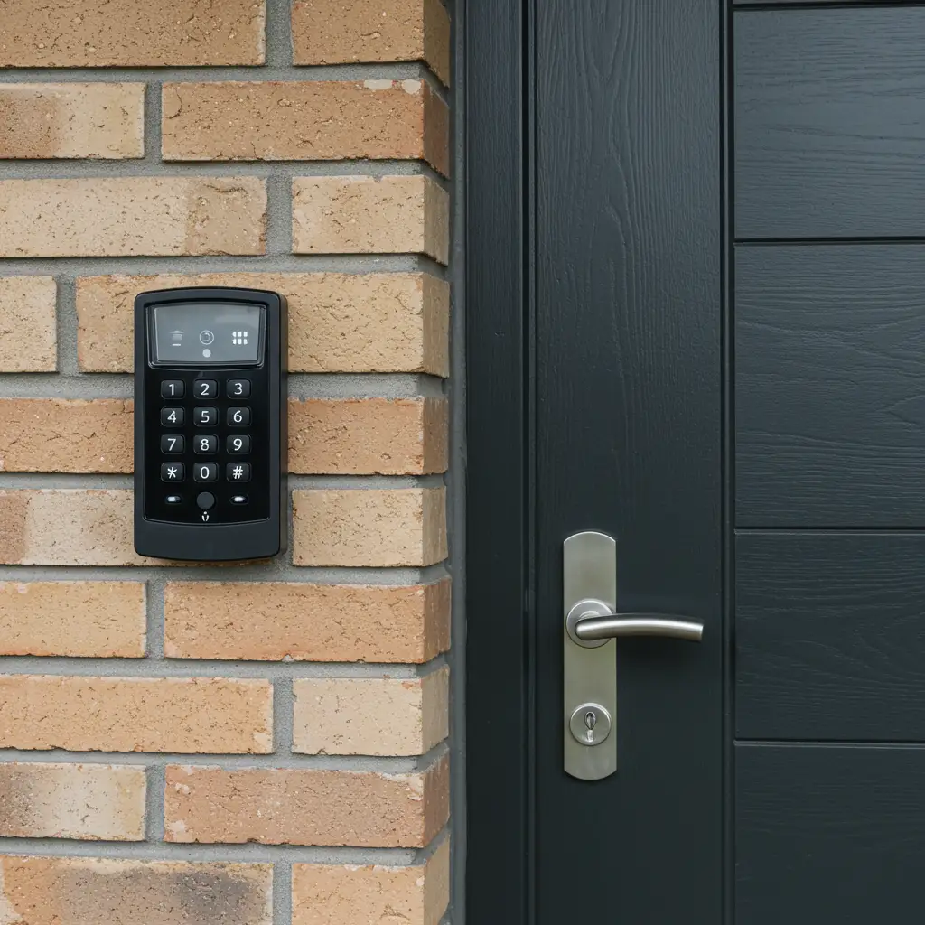 Porte d'entrée résidentielle équipée d'un système d'alarme visible, mesure de prévention contre les cambriolages