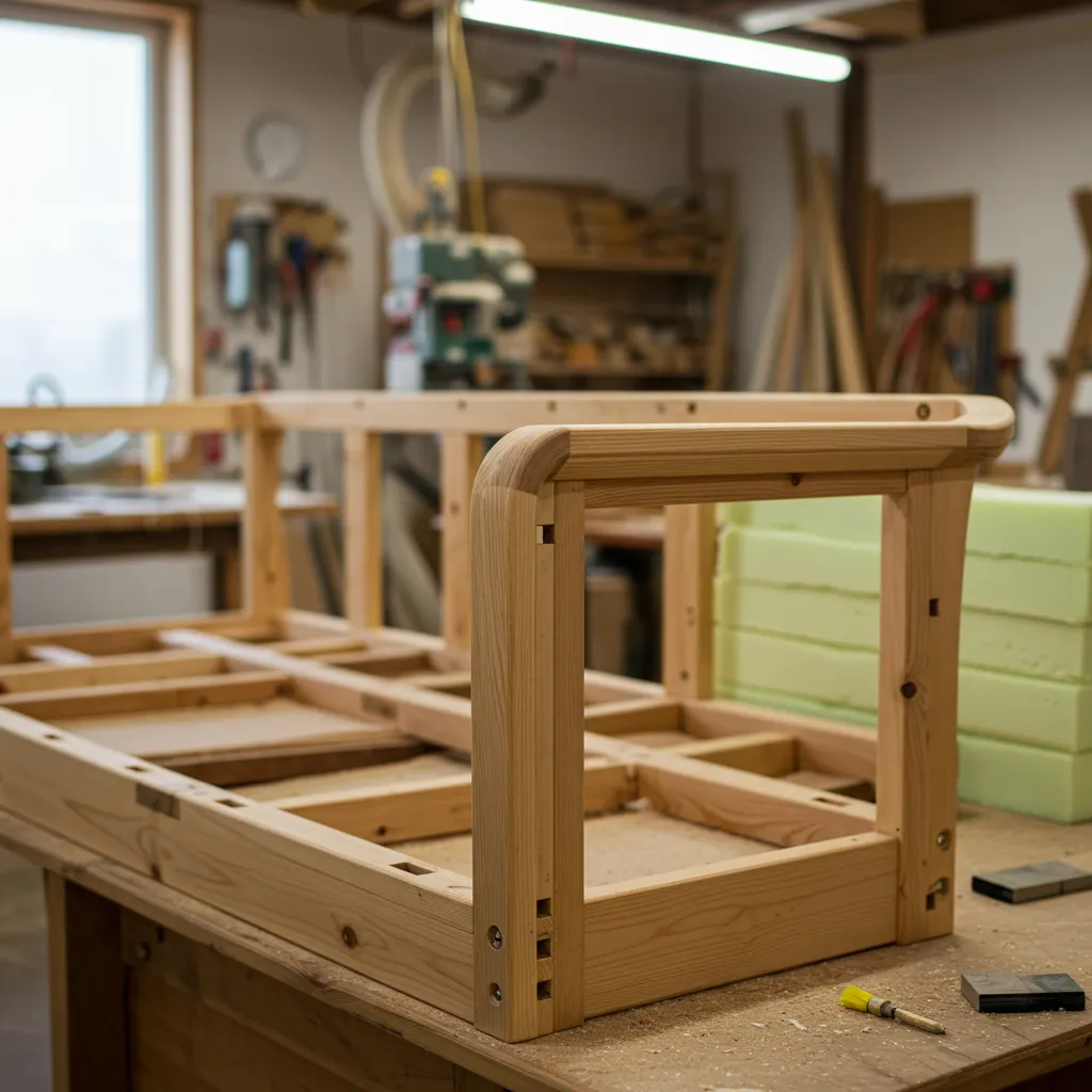 Structure en bois de pin massif d'un canapé artisanal en cours de fabrication dans un atelier espagnol